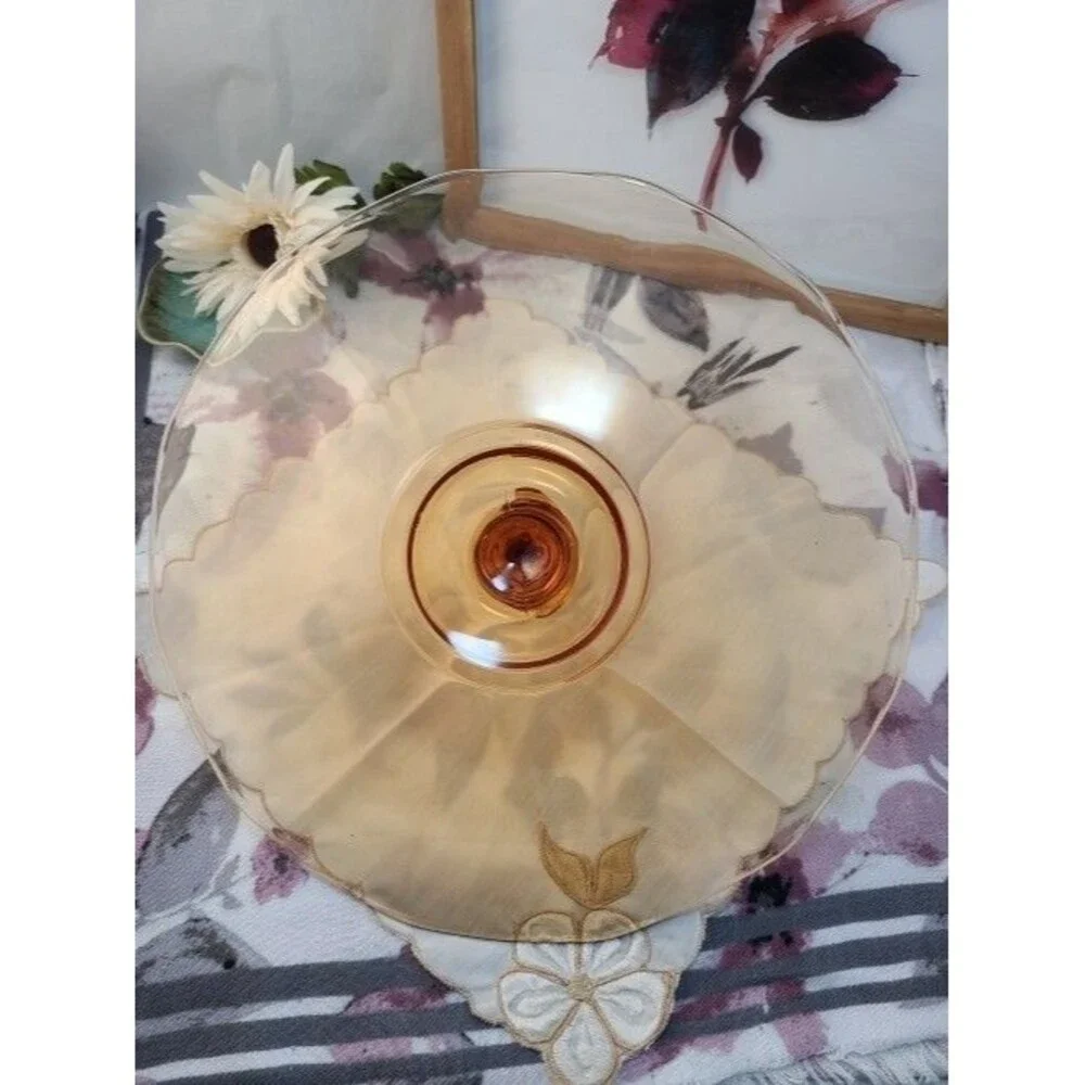 Vintage Amber Depression Glass Handled Tidbit Plate Fleur De Lis 7.5